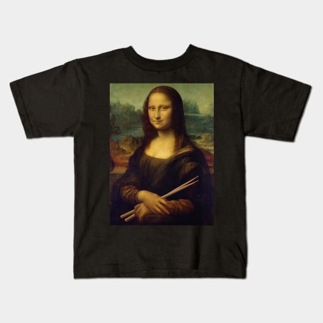 The Mona Lisa Holding Drum Sticks Funny Drummer Art Kids T-Shirt by hobrath